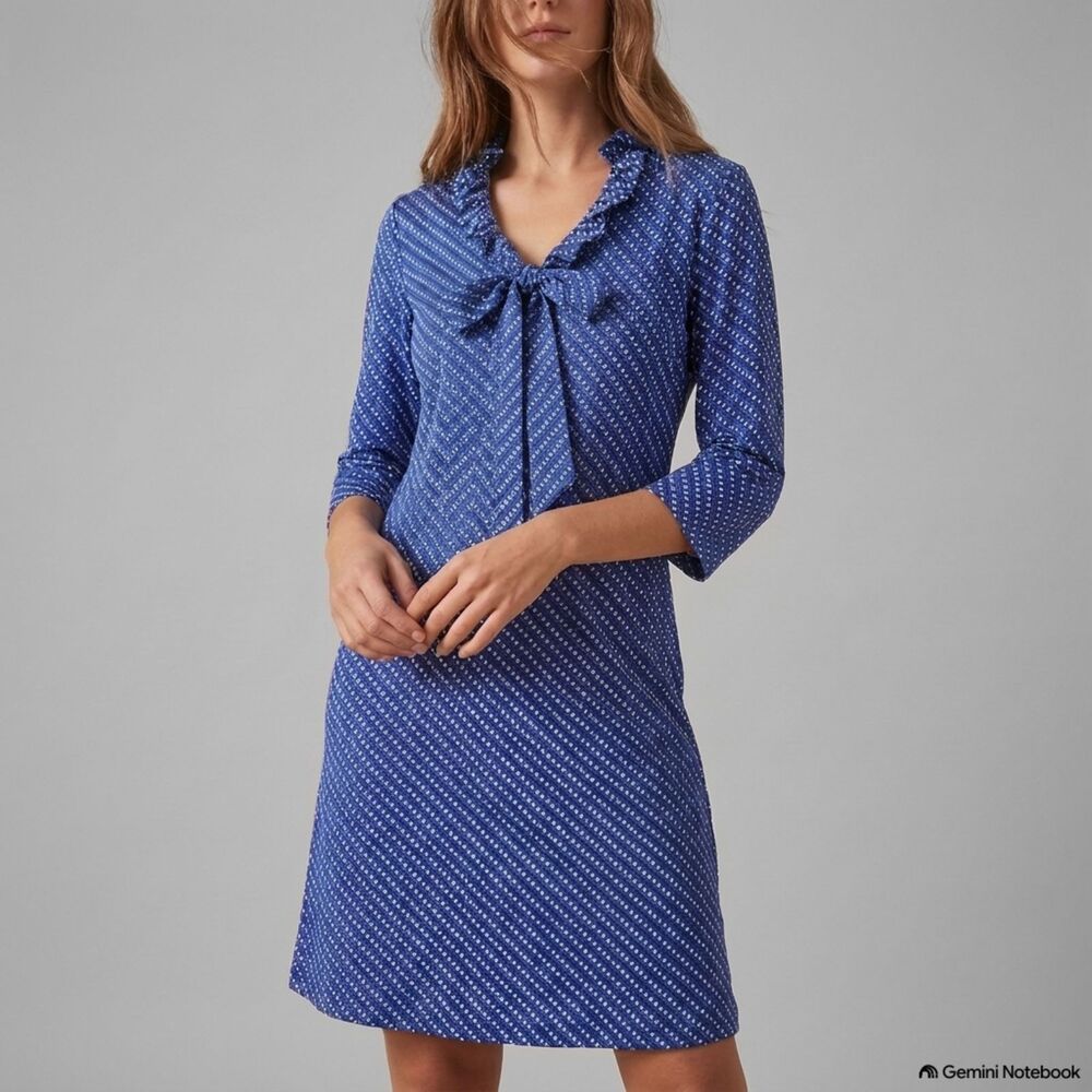 J. McLaughlin Catalina Jaclyn Dress M 3/4 Sleeve Ruffle Neck Tie Blue Stretch
